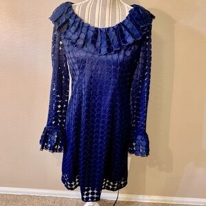 Trina Turk Dress Medium Navy Blue Mini Long Slvs Lace Dots Ruffle Neckline Cuff